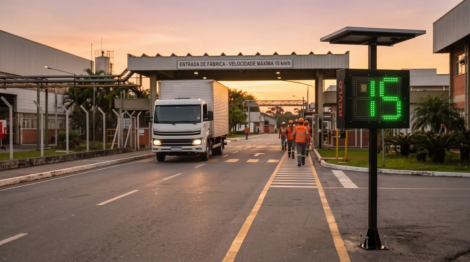 Lombada educativa na portaria de fábrica com caminhão entrando, mostrando 15