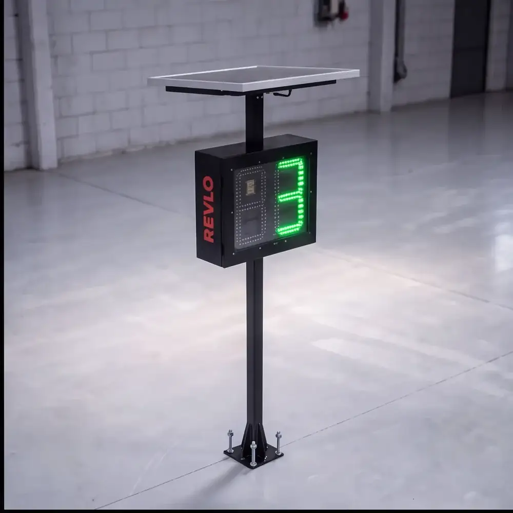 Lombada educativa fixa em coluna, com painel solar e display de LED