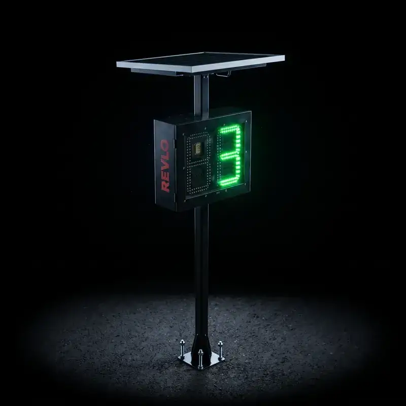 Lombada educativa Revlo acesa à noite, com painel solar e display de LED