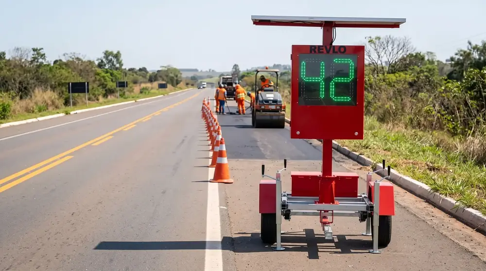 Lombada eletrônica móvel em reboque no acostamento antes de obra com cones, mostrando 42